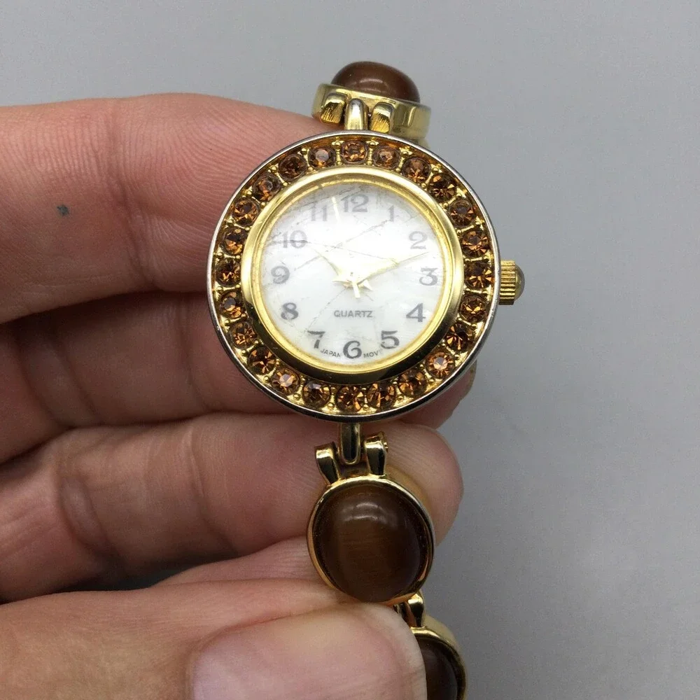 Brown Gemstone Womens Watch 22mm MOP Dial Gold Tone Bracelet New Battery 7.25
